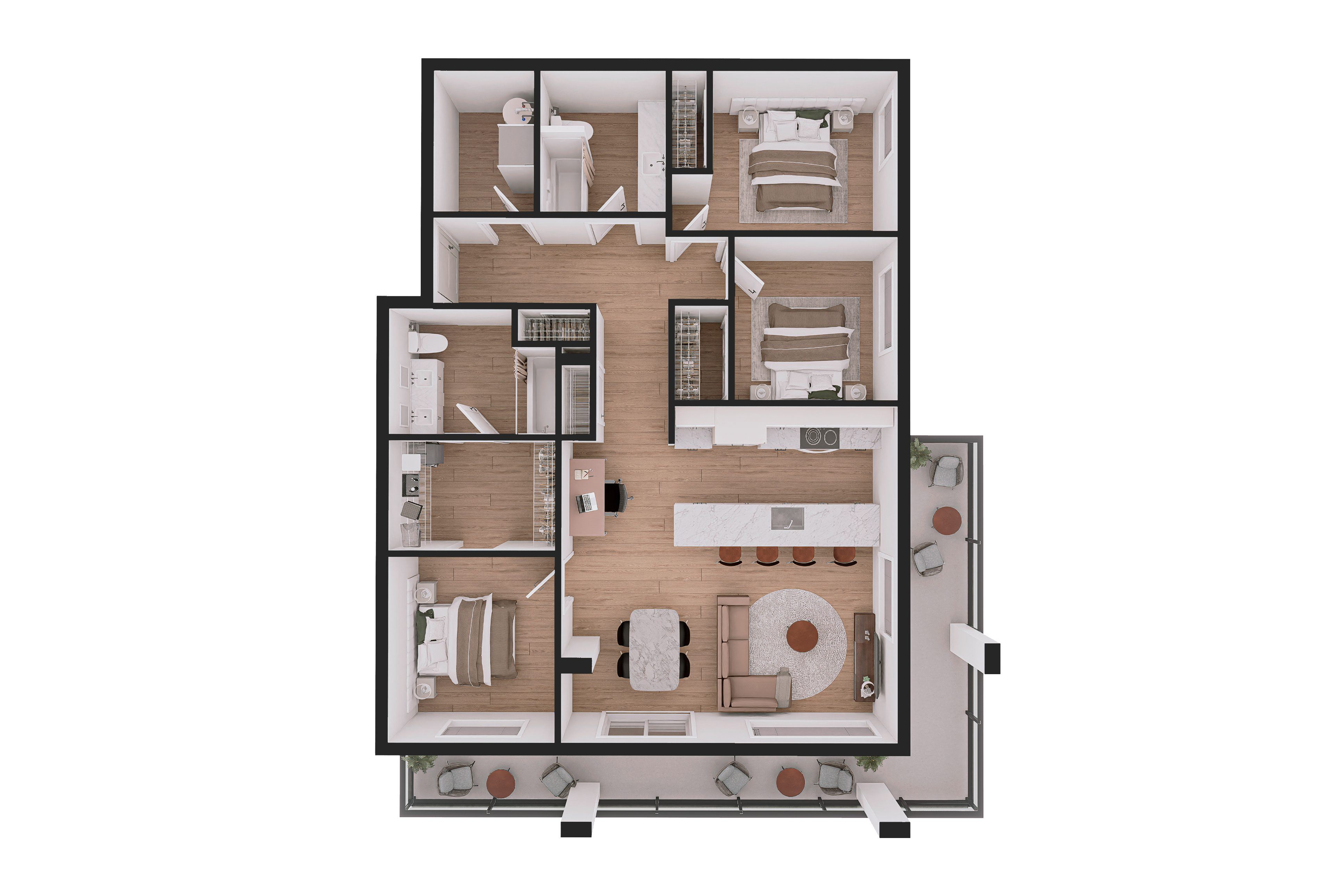 Floor plan for 3 beds, 2 baths, 1325 sqft